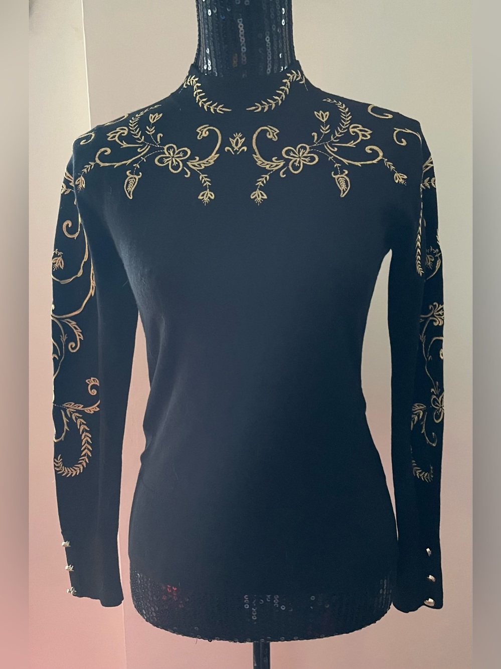 Karen Millen Black Sweater with Gold Embroidered Foliage Size Medium